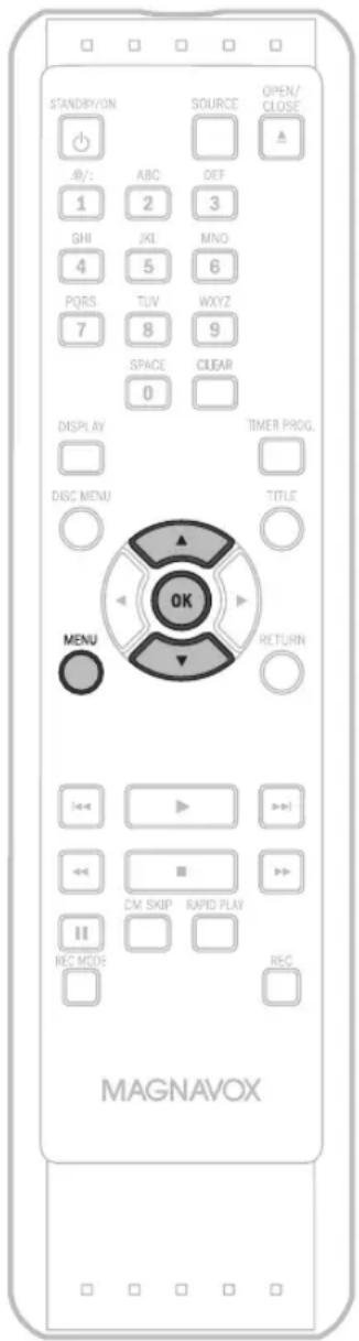 STANDIRVON SOURCE OPEN/ CLOSE .0/: ABC DEF 1 2 3 GHI JKI MNO 4 5 6 PQRS TUV WXYZ 7 8 9 SPACE CLEAR 0 DISPLAY TIMER PROG. DISC MENU TITLE MENU RETURN OK REC MODE CM SKIP RAPID PLAY REC REC MAGNAVOX