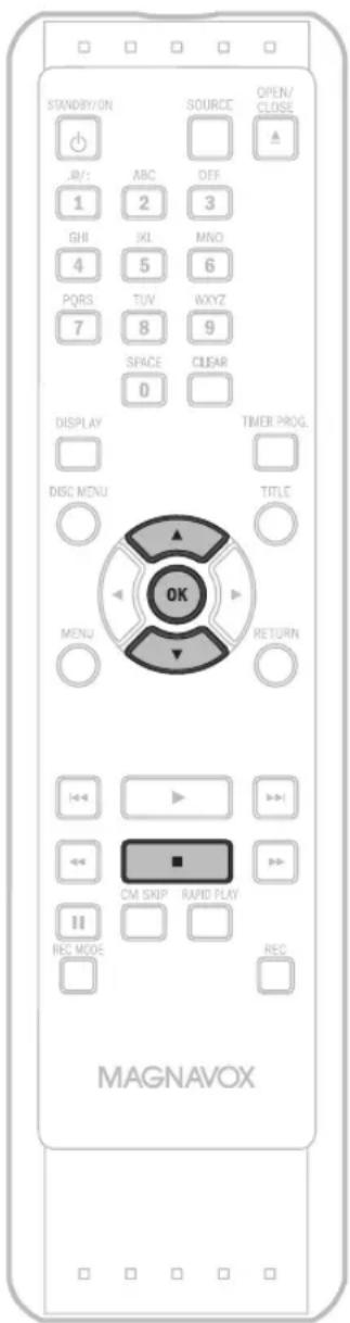 STAND/BY/ON SOURCE OPEN/ CLOSE .8/: ABC OFF 1 2 3 GHI IKL MNO 4 5 6 PQRS TUV WXYZ 7 8 9 SPACE CLEAR 0 DISPLAY TIMER PROG. DISC MENU TITLE OK MENU RETURN MAGNAVOX