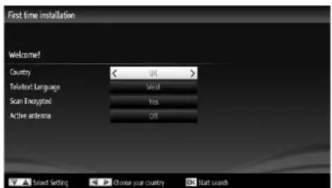 First time installation Welcome! Country < UK > Telefax Language West Scan Encrypted Yes Active antenna Off Select Setting Choose your country Start search