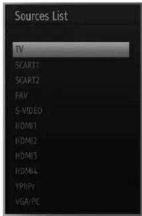 Sources List TV SCART1 SCART2 FAV S-VIDEO HDMI1 HDMI2 HDMI3 HDMI4 YPbPr VGA/PC