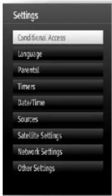 Settings Conditional Access Language Parental Timers Date/Time Sources Satellite Settings Network Settings Other Settings
