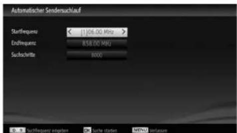 Automatischer Sendersuchlauf Startfrequency < 1)06.00 MHz > Endfrequency R$8.00 MHz Sachschritte 8000 D: 50 | suchfrequenz oegystem OK | Sache staten MENU Verlansse
