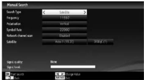 Manual Search Search Type Frequency Polarisation Symbol Rate Network channel scan Satellite Subellite 11597 Vertical 22000 Disabled Auss F (19.27) DSEgt (1) Signal quality: Signal Level Start Search None Change Value MENUE Ext