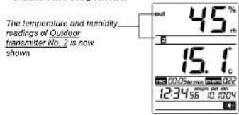 The temperature and humidity readings of Outdoor transmitter No. 2 is now shown out 45% B 15.1c to 00/500000 mm 0.2 123456 0.004