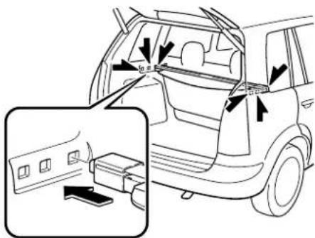 Diagram showing car rear door and rear window with directional arrows and a zoomed-in view of the door panel.