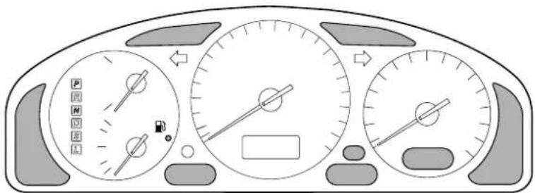 Diagram of a car dashboard with three gauges showing speedometer readings and directional arrows indicating rotation or change.