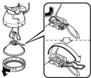 Diagram illustrating a mechanical device with labeled parts and directional arrows indicating motion or assembly steps.
