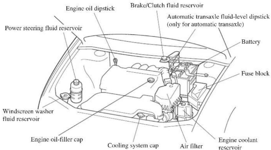 Engine oil dipstick Brake/Clutch fluid reservoir Power steering fluid reservoir Automatic transaxle fluid-level dipstick (only for automatic transaxle) Battery Fuse block Windscreen washer fluid reservoir Engine oil-filler cap Cooling system cap Air filter Engine coolant reservoir