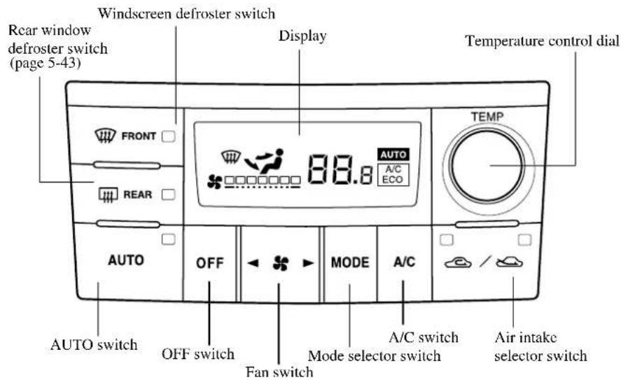 Rear window defroster switch (Windscreen defroster switch) Macedonia defroster switch (page 5-43) Display Temperature control dial FRONT AUTO A/C ECO TEMP REAR AUTO OFF MODE A/C AUTO switch OFF switch Fan switch Mode selector switch A/C switch Air intake selector switch