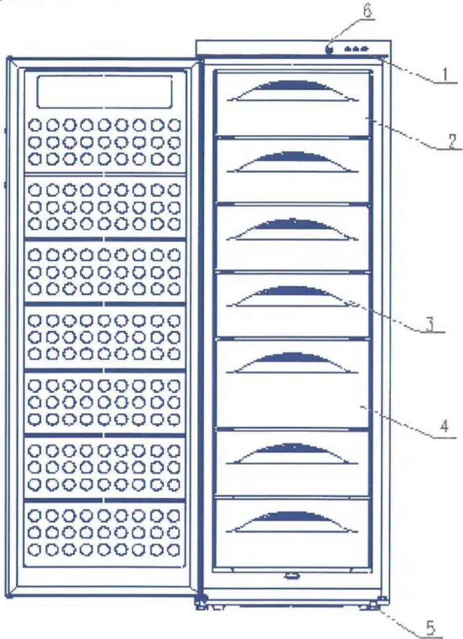 Technical diagram of a multi-tiered storage or drying unit with labeled components and internal compartments