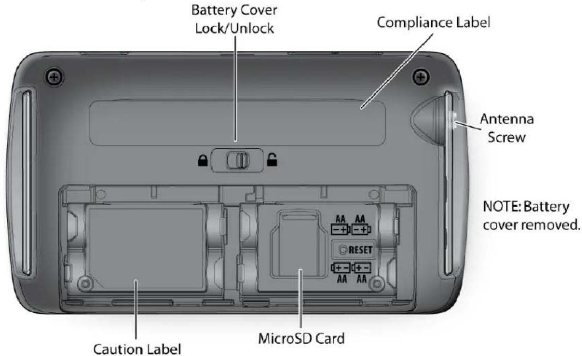 Battery Cover Lock/Unlock Compliance Label Antenna Screw NOTE: Battery cover removed. Caution Label MicroSD Card