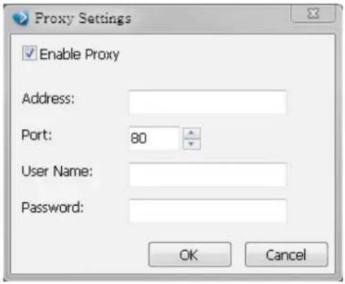 Proxy Settings Enable Proxy Address: Port: 80 User Name: Password: OK Cancel