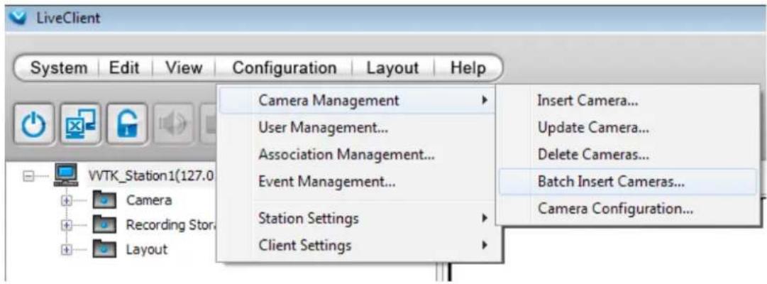 LiveClient System Edit View Configuration Layout Help Camera Management User Management... Association Management... Event Management... Station Settings Client Settings Insert Camera... Update Camera... Delete Cameras... Batch Insert Cameras... Camera Configuration...