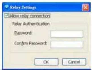 Relay Settings ✓ Allow relay connection Relay Authentication Password: Confirm Password: OK Cancel
