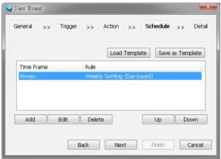 New Event General >> Trigger >> Action >> Schedule >> Detail Load Template Save as Template Time Frame Rule Always Weekly Setting (Day-based) Add Edit Delete Up Down Back Next Finish Cancel
