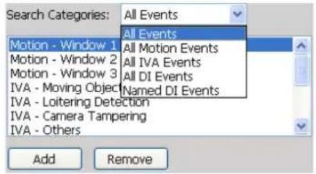 Search Categories: All Events All Events Motion - Window 1 All Motion Events Motion - Window 2 All IVA Events Motion - Window 3 All DI Events IVA - Moving Object Named DI Events IVA - Loitering Detection IVA - Camera Tampering IVA - Others Add Remove