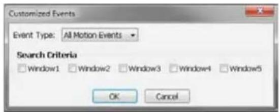 Customized Events Event Type: All Motion Events Search Criteria □ Window1 □ Window2 □ Window3 □ Window4 □ Window5 OK Cancel
