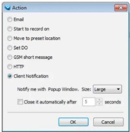 Action Email Start to record on Move to preset location Set DO GSM short message HTTP Client Notification Notify me with Popup Window. Size: Large Close it automatically after 5 seconds OK Cancel