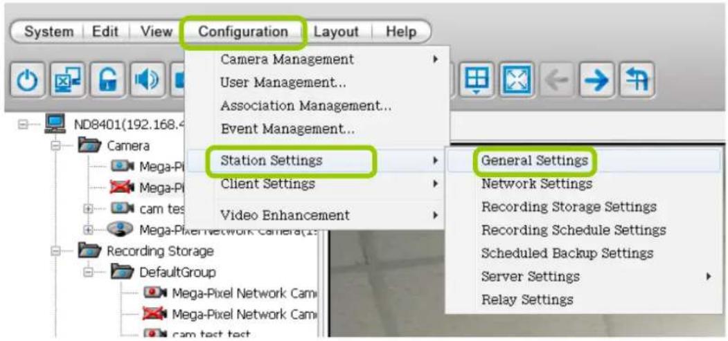 System Edit View Configuration Layout Help Camera Management User Management... Association Management... Event Management... Station Settings Client Settings Video Enhancement General Settings Network Settings Recording Storage Settings Recording Schedule Settings Scheduled Backup Settings Server Settings Relay Settings ND8401(192.168.4 Camera Mega-Pi Mega-Pi cam tes Mega-Pixel Network Camera(15 Recording Storage DefaultGroup Mega-Pixel Network Cam Mega-Pixel Network Cam cam test test