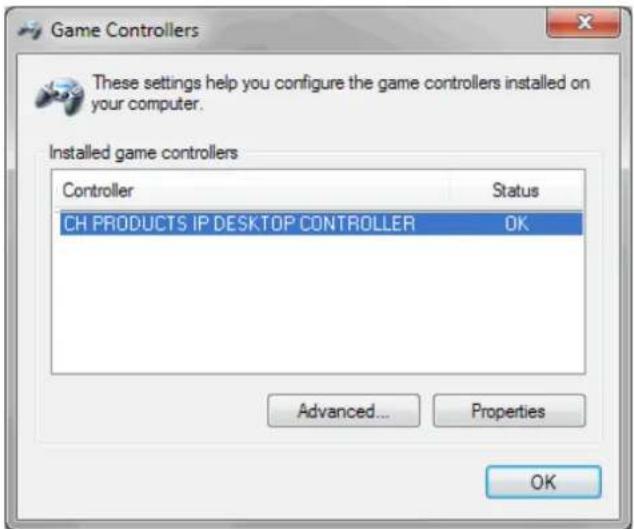 Game Controllers These settings help you configure the game controllers installed on your computer. Installed game controllers Controller Status CH PRODUCTS IP DESKTOP CONTROLLER OK Advanced... Properties OK