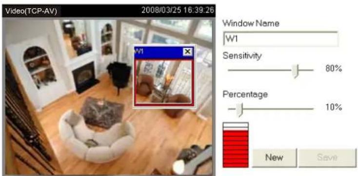 Video(TCP-AV) 2008/03/25 16:39.26 Window Name W1 Sensitivity 80% Percentage 10% New Save