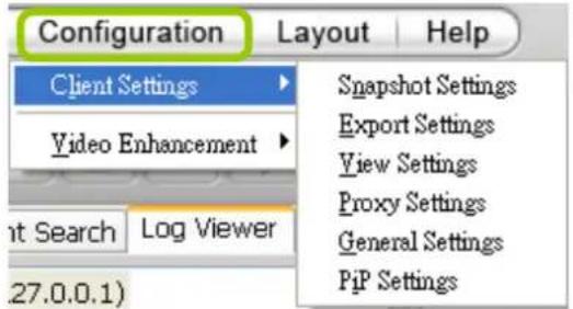 Configuration Layout Help Client Settings Video Enhancement Snapshot Settings Export Settings View Settings Proxy Settings General Settings PiP Settings unt Search Log Viewer .27.0.0.1)