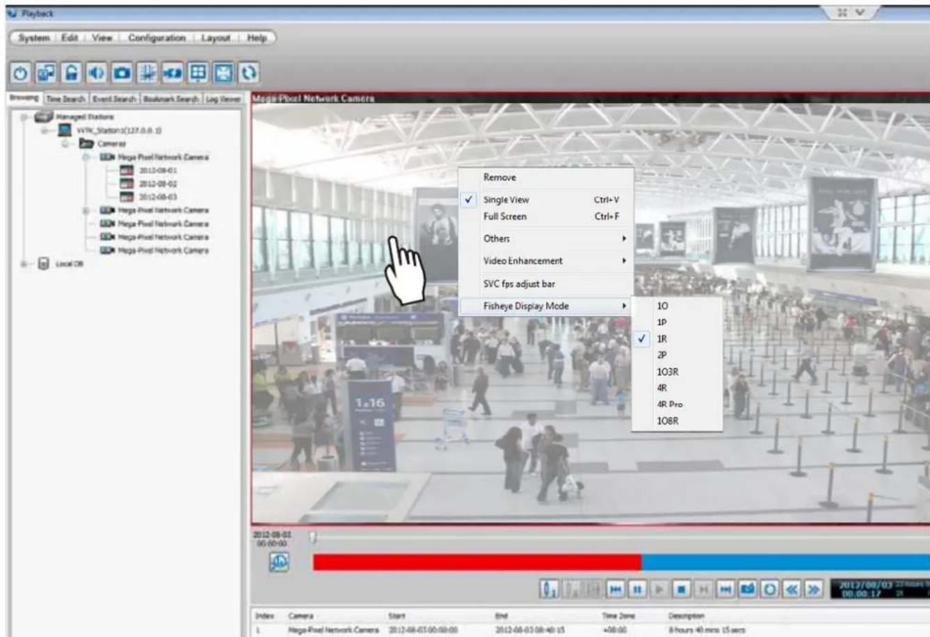 Playback System Edit View Configuration Layout Help Browsing Time Search Event Search Bookmark Search Log Viewer Managed Stations WTR_Station1(127.0.0.1) Camera Mega Pixel Network Camera 2012-08-01 2012-08-02 2012-08-03 Mega Pixel Network Camera Mega Pixel Network Camera Mega Pixel Network Camera Mega Pixel Network Camera Local DB Multi-Pixel Network Camera Remove ✓ Single View Ctrl+V Full Screen Ctrl+F Others > Video Enhancement > SVC fps adjust bar Fisheye Display Mode > 10 1P ✓ 1R 2P 103R 4R 4R Pro 108R 2012-08-01 00:00:00 Index Camera Start Bind Time Zone Description 1 Mega-Pixel Network Camera 2012-08-03 00:00:00 2012-08-03 08:40:15 +08:00 8 hours 40 mins 15 secs