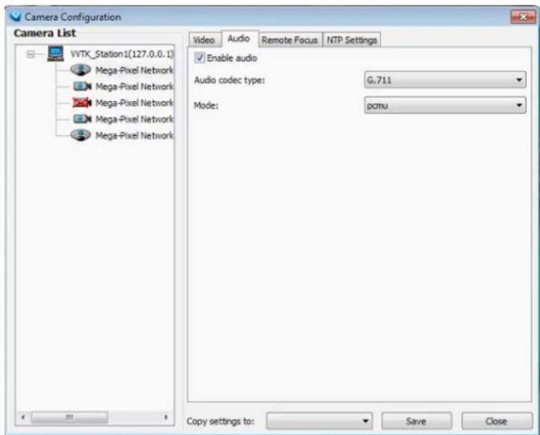 Camera Configuration Camera List VWTK Station 1(127.0.0.1) Mega-Pixel Network Mega-Pixel Network Mega-Pixel Network Mega-Pixel Network Mega-Pixel Network Video Audio Remote Focus NTP Settings Enable audio Audio codec type: G.711 Mode: pcmu Copy settings to: Save Close