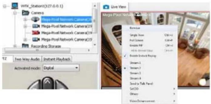 WTK_Station(127.0.0.1) Camera Mega-Pixel Network Camera(19) Mega-Pixel Network Camera(19) Mega-Pixel Network Camera(19) Recording Storage Live View Mega-Pixel Network Camera Exercise Single Store Ctrl+2 Full Store Ctrl+8 Enable PDF Ctrl+4 Audio Window Color Ctrl+6 Encode Event Display Stream 1 Stream 2 Stream 3 Stream 4 Send to Talk Panel Set DO Other Video Environment
