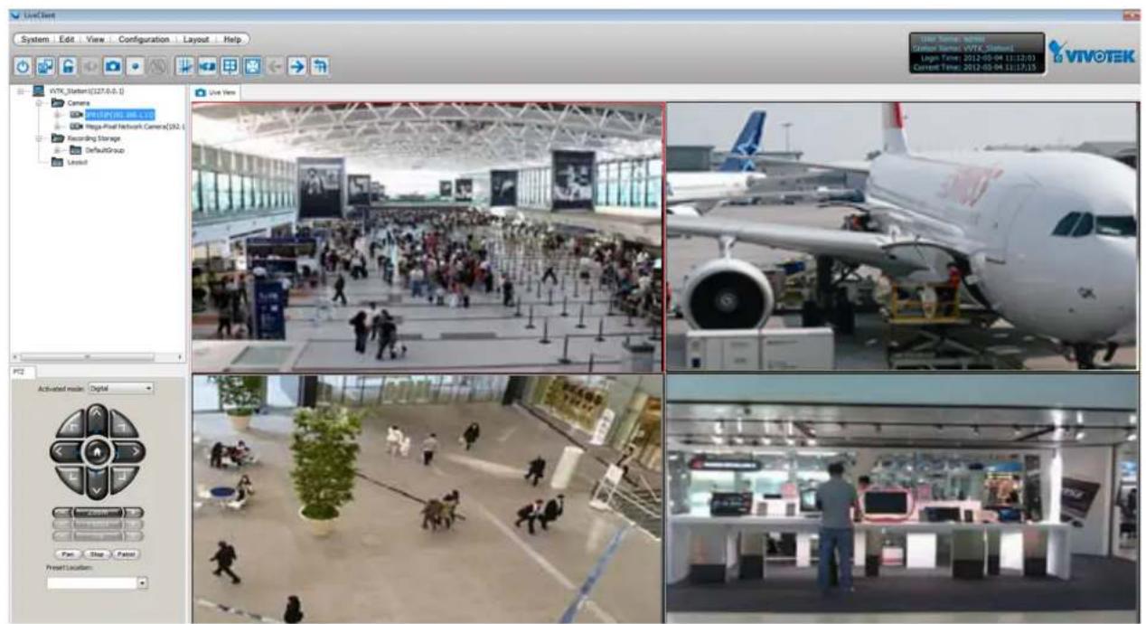 LiveClient System Edit View Configuration Layout Help VIVOTEK VIVTEK Station(0127-8-5.1) Camera VIVTEK Station(0127-8-5.1) Big Sky Final Network Camera(392.6) Recording Storage DefaultGroup Locked Live View VIVTEK Station(0127-8-5.1) Camera VIVTEK Station(0127-8-5.1) Big Sky Final Network Camera(392.6) Recording Storage DefaultGroup Locked Activated mode Digital Open Connection Play Stop Panel Present Location Live Time: 2012-05-04 11:12:03 Current Time: 2012-05-04 11:17:15