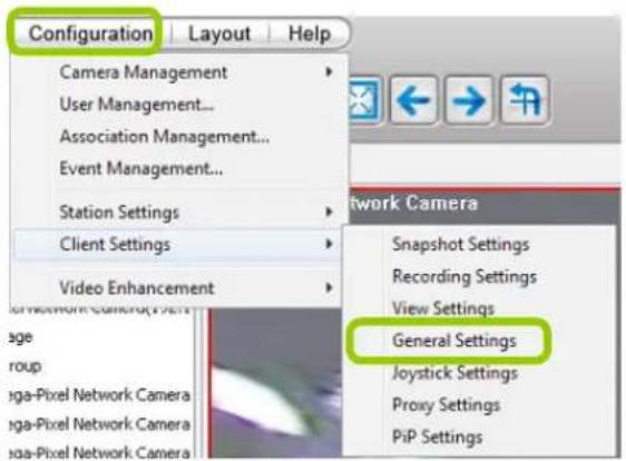 Configuration Layout Help Camera Management User Management... Association Management... Event Management... Station Settings Client Settings Video Enhancement Network Camera Snapshot Settings Recording Settings View Settings General Settings Joystick Settings Proxy Settings PiP Settings