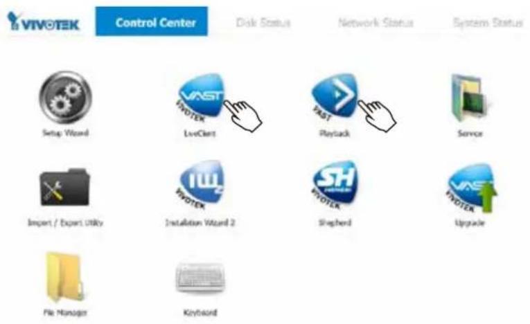 VIVOTEK Control Center Disk Status Network Status System Status Setup Wizard LiveClient Playback Service Import / Export Utility Installation Wizard 2 Shepherd Upgrade File Manager Keyboard