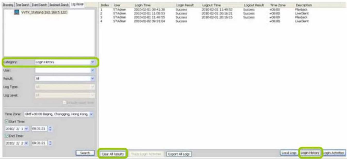 Bridging | Time Search | Event Search | Bookmark Search | Log Review VVTK_Station1(192.168.5.122) Index User Login Time Login Result Logout Time Logout Result Time Zone Description 1 STAdmin 2010-02-01 09:41:38 Success 2010-02-01 11:49:52 Success +08:00 Playback 2 STAdmin 2010-02-01 11:05:53 Success 2010-02-01 20:16:21 Success +08:00 LiveClient 3 STAdmin 2010-02-01 11:49:55 Success 2010-02-01 20:16:15 Success +08:00 Playback 4 STAdmin 2010-02-02 09:31:04 Success Category: Login History User: Result: All Log Type: All Log Level: All Time Zone: GMT+08:00 Beijing, Chongqing, Hong Kong. Start Time: 2010/ 2/ 1 08:31:21 End Time: 2010/ 2/ 2 09:31:21 Search Clear All Results Trade Login Activities Export All Logs Local Logs Login History Login Activities