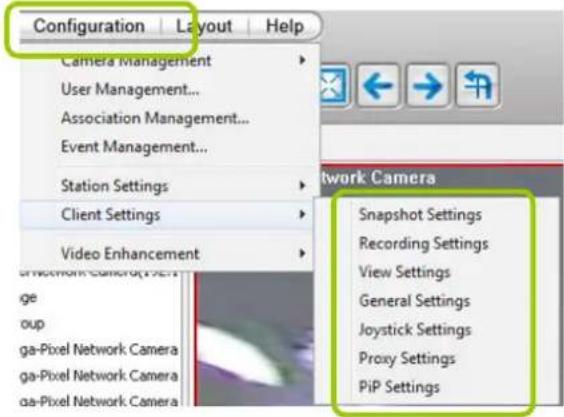 Configuration Layout Help Camera Management User Management... Association Management... Event Management... Station Settings Client Settings Video Enhancement Network Camera Snapshot Settings Recording Settings View Settings General Settings Joystick Settings Proxy Settings PiP Settings ge oup ga-Pixel Network Camera ga-Pixel Network Camera ga-Pixel Network Camera