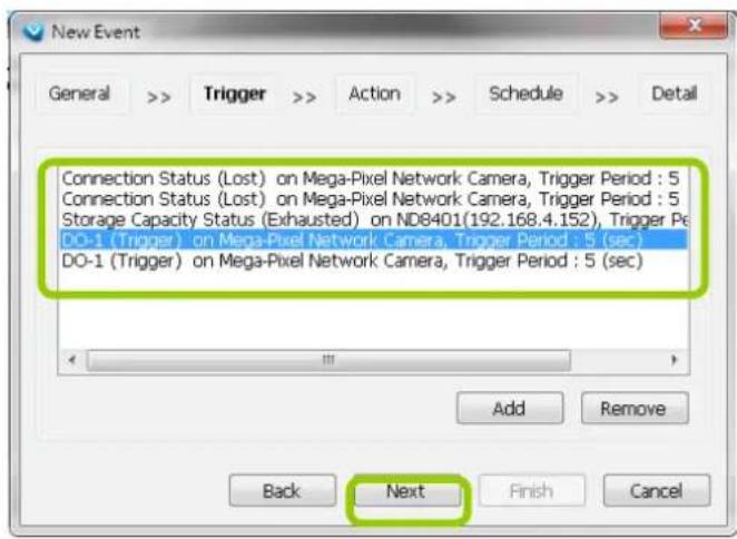 New Event General >> Trigger >> Action >> Schedule >> Detail Connection Status (Lost) on Mega-Pixel Network Camera, Trigger Period : 5 Connection Status (Lost) on Mega-Pixel Network Camera, Trigger Period : 5 Storage Capacity Status (Exhausted) on ND8401(192.168.4.152), Trigger Period : 5 DO-1 (Trigger) on Mega-Pixel Network Camera, Trigger Period : 5 (sec) DO-1 (Trigger) on Mega-Pixel Network Camera, Trigger Period : 5 (sec) Add Remove Back Next Finish Cancel