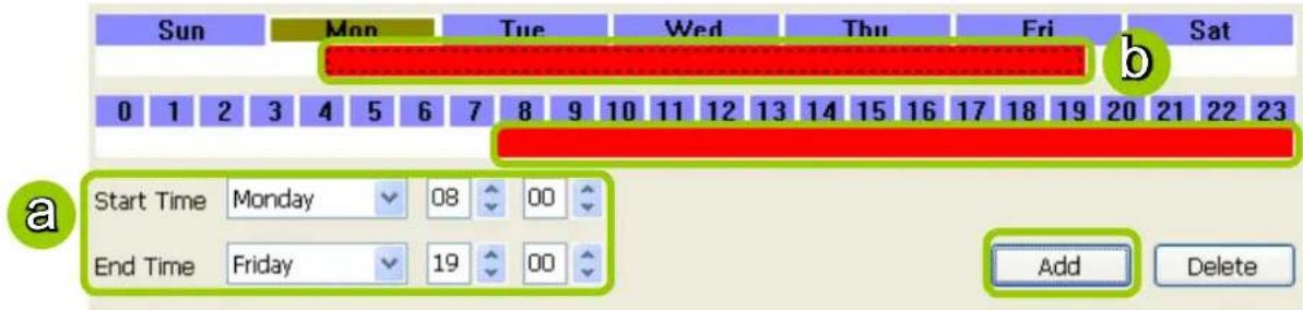 Sun Mon Tue Wed Thu Fri Sat 0 1 2 3 4 5 6 7 8 9 10 11 12 13 14 15 16 17 18 19 20 21 22 23 Start Time Monday 08 00 End Time Friday 19 00 Add Delete