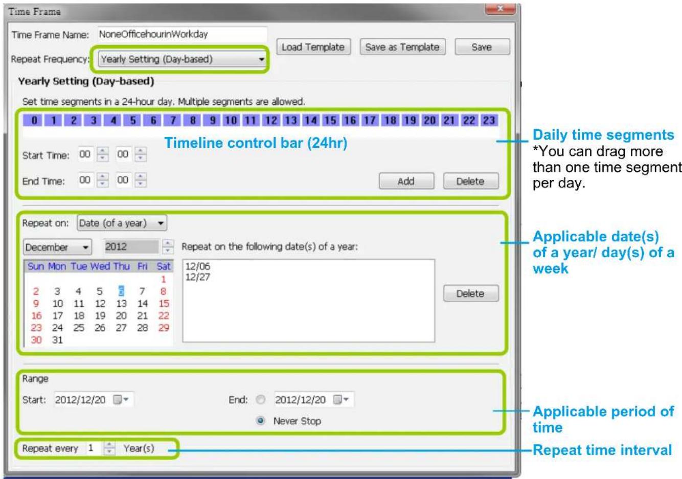 Time Frame Time Frame Name: NoneOfficehourinWorkday Repeat Frequency: Yearly Setting (Day-based) Load Template Save as Template Save Yearly Setting (Day-based) Set time segments in a 24-hour day. Multiple segments are allowed. 0 1 2 3 4 5 6 7 8 9 10 11 12 13 14 15 16 17 18 19 20 21 22 23 Start Time: 00 00 End Time: 00 00 Timeline control bar (24hr) Add Delete Repeat on: Date (of a year) December 2012 Repeat on the following date(s) of a year: Sun Mon Tue Wed Thu Fri Sat 1 2 3 4 5 6 7 8 9 10 11 12 13 14 15 16 17 18 19 20 21 22 23 24 25 26 27 28 29 30 31 12/06 12/27 Delete Range Start: 2012/12/20 End: 2012/12/20 Never Stop Repeat every 1 Year(s) Daily time segments *You can drag more than one time segment per day. Applicable date(s) of a year/ day(s) of a week Applicable period of time Repeat time interval