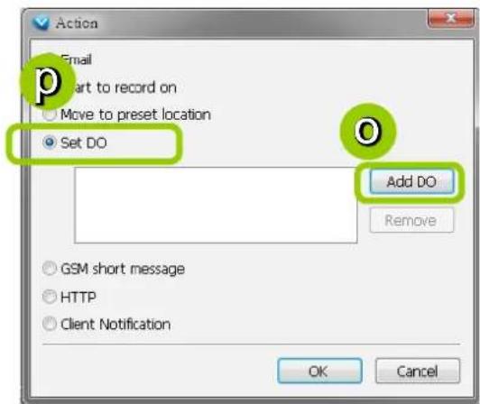 Action Email Start to record on Move to preset location Set DO Add DO Remove GSM short message HTTP Client Notification OK Cancel