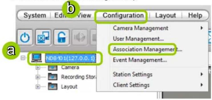 System Edit View Configuration Layout Help Camera Management User Management... Association Management... Event Management... Station Settings Client Settings ND8-101(127.0.0.1)