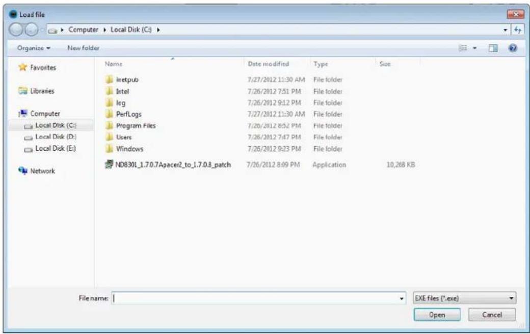 Load file Computer > Local Disk (C:) Organize New folder Favorites Libraries Computer Local Disk (C:) Local Disk (D:) Local Disk (E:) Network Name Data modified Type Size Inetpub 7/27/2012 11:30 AM File folder Intel 7/26/2012 7:51 PM File folder Icg 7/26/2012 9:12 PM File folder PerfLogs 7/27/2012 11:30 AM File folder Program Files 7/26/2012 8:52 PM File folder Users 7/26/2012 7:47 PM File folder Windows 7/26/2012 9:23 PM File folder ND8301_1.7.0.7Apacer2_to_1.7.0.3_patch 7/26/2012 8:09 PM Application 10,268 KB File name: 1(EXE files (*.exe) Open Cancel
