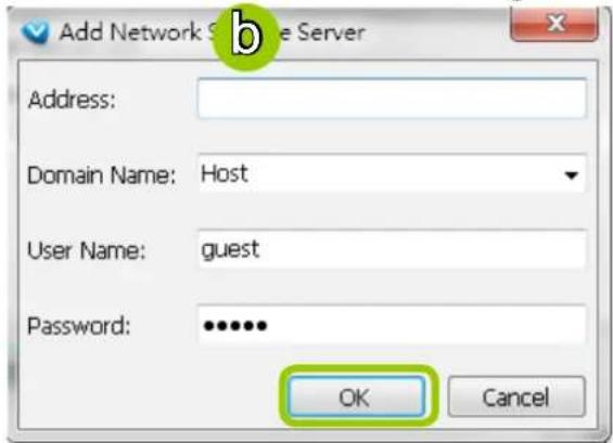 Add Network Service Server Address: Domain Name: Host User Name: guest Password: •••••• OK Cancel