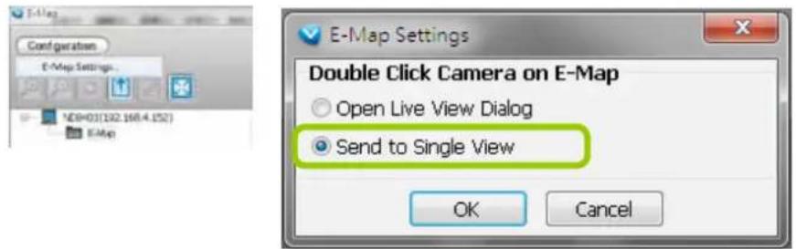 E-Map Settings Double Click Camera on E-Map Open Live View Dialog Send to Single View OK Cancel