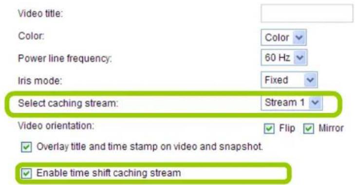 Video title: Color: Color Power line frequency: 60 Hz Iris mode: Fixed Select caching stream: Stream 1 Video orientation: Flip Mirror Overlay title and time stamp on video and snapshot. Enable time shift caching stream