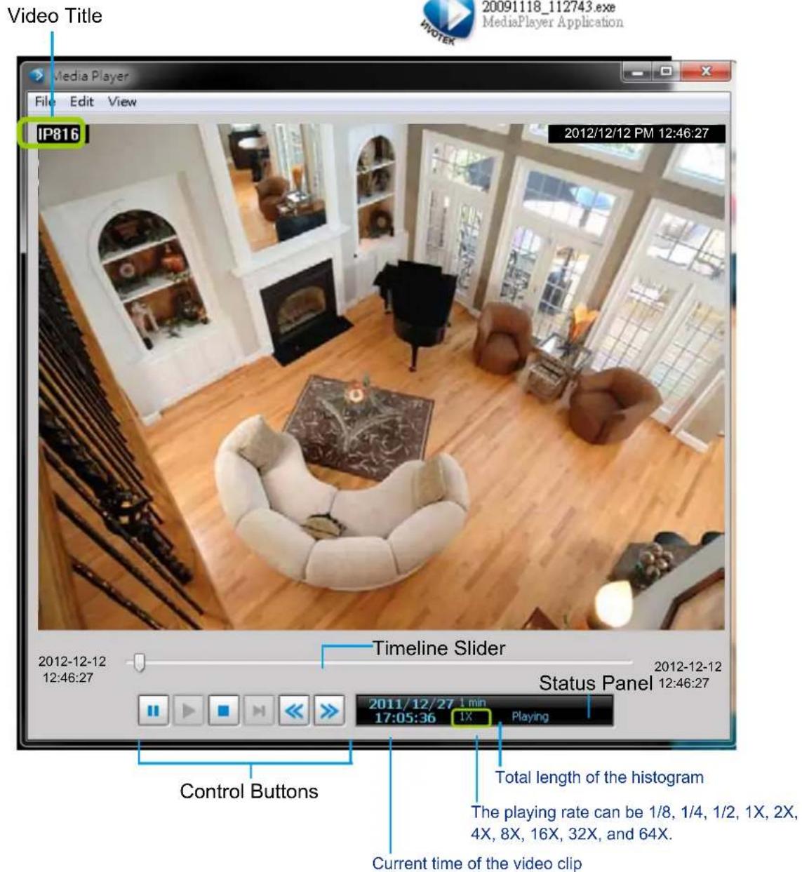 Video Title Media Player File Edit View IP816 2012/12/12 PM 12:46:27 Timeline Slider 2012-12-12 12:46:27 Status Panel 2011/12/27 1 min 17:05:36 1X Playing Control Buttons Total length of the histogram The playing rate can be 1/8, 1/4, 1/2, 1X, 2X, 4X, 8X, 16X, 32X, and 64X. Current time of the video clip