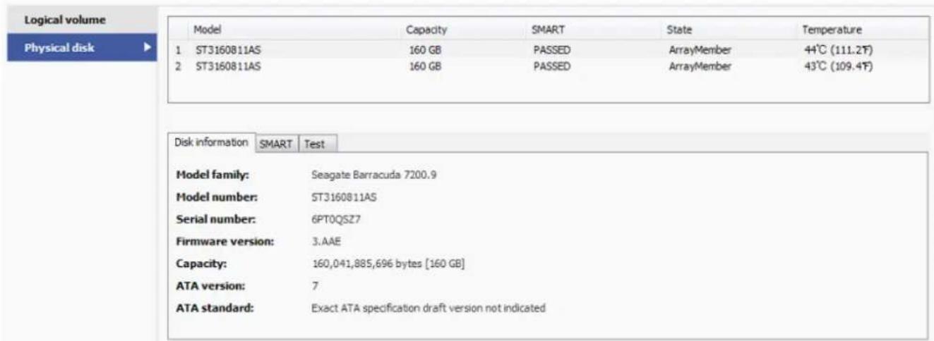 Logical volume Physical disk Model Capacity SMART State Temperature 1 ST3160811AS 160 GB PASSED ArrayMember 44℃ (111.2℉) 2 ST3160811AS 160 GB PASSED ArrayMember 43℃ (109.4℉) Disk information SMART Nepal Model family: Seagate Barracuda 7200.9 Model number: ST3160811AS Serial number: 6PTOQSZ7 Firmware version: 3.AAE Capacity: 160,041,885,696 bytes [160 GB] ATA version: 7 ATA standard: Exact ATA specification draft version not indicated