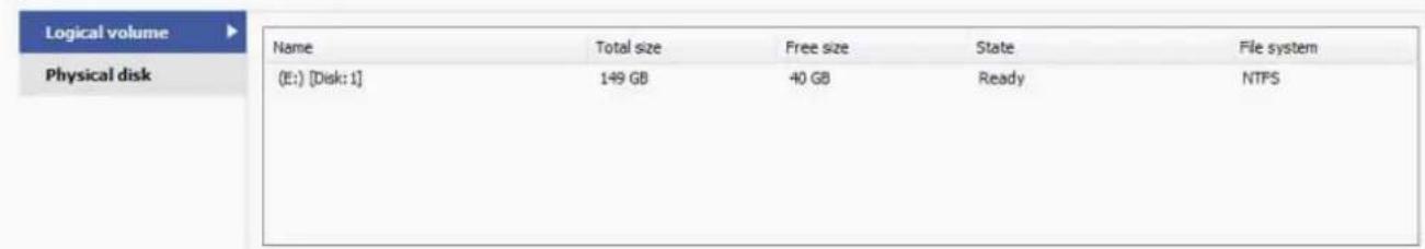 Logical volume Physical disk Name Total size Free size State File system (E:) [Disk: 1] 149 GB 40 GB Ready NTPS