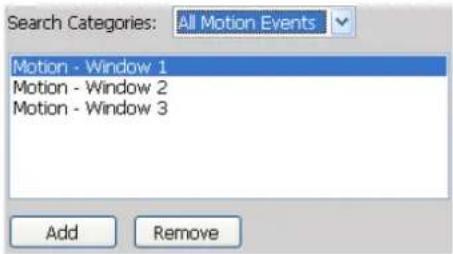 Search Categories: All Motion Events Motion - Window 1 Motion - Window 2 Motion - Window 3 Add Remove