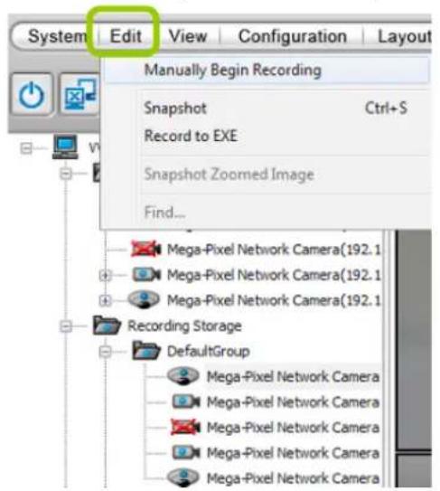 System Edit View Configuration Layout Manually Begin Recording Snapshot Ctrl+S Record to EXE Snapshot Zoomed Image Find... Mega-Pixel Network Camera(192.1) Mega-Pixel Network Camera(192.1) Mega-Pixel Network Camera(192.1) Recording Storage DefaultGroup Mega-Pixel Network Camera Mega-Pixel Network Camera Mega-Pixel Network Camera Mega-Pixel Network Camera Mega-Pixel Network Camera