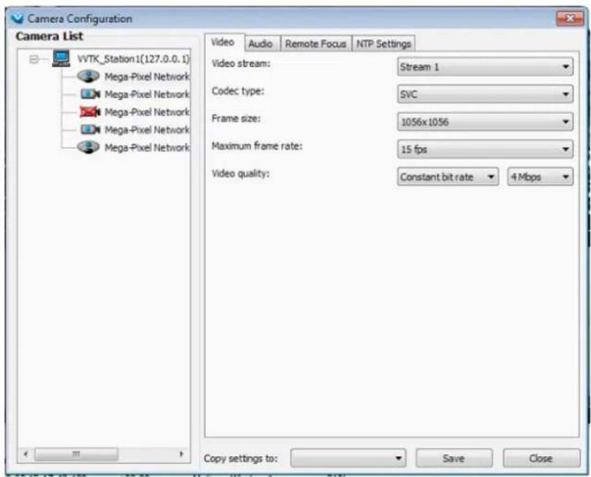 Camera Configuration Camera List VWTK_Station1(127.0.0.1) Mega-Pixel Network Mega-Pixel Network Mega-Pixel Network Mega-Pixel Network Video Audio Remote Focus NTP Settings Video stream: Stream 1 Codec type: SVC Frame size: 1056x1056 Maximum frame rate: 15 fps Video quality: Constant bit rate 4 Mbps Copy settings to: Save Close