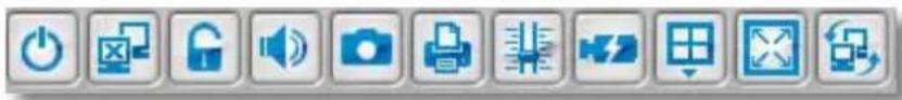 Row of 12 software toolbar icons including power, lock, camera, printer, and download functions